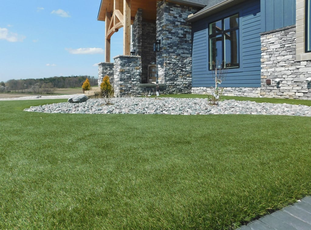 Front yard landscaping featuring ForeverLawn synthetic grass